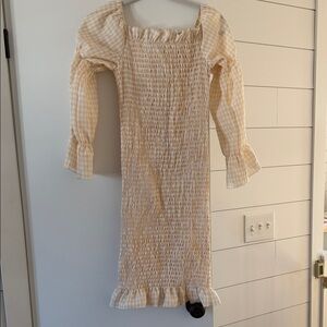 Smocked Gingham Puff Sleeve Midi Dress in Cream